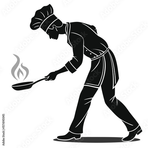 Chef Cooking with Pan Silhouette Vector Side View