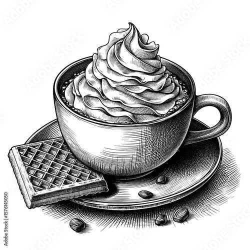Coffee with whipped cream in black and white vintage illustration