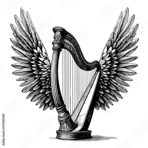 Winged harp in detailed style in black and white represents music