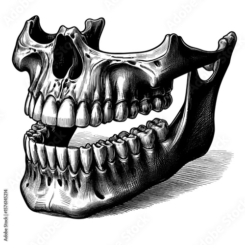 Skull jawbone drawing in black, used for anatomy