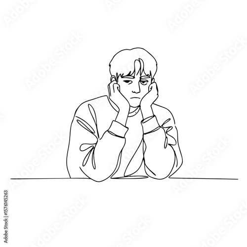 Young man looking sad while resting hands on chin in minimalist style  
