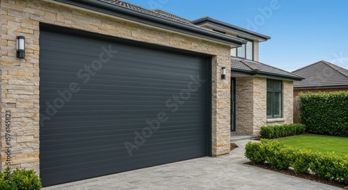 Modern home exterior featuring a gray garage door, textured stone accents, manicured lawn, and a glimpse of a second-story window against a clear blue sky