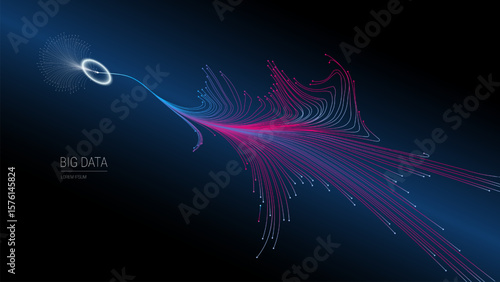 Big data visualization flow with neon red and blue lines. Concept of information streams, analytics pipeline, machine learning input, data science processing, AI logic.