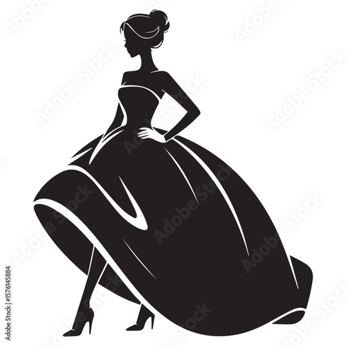 Elegant black silhouette of a woman in a full ball gown with hair styled up