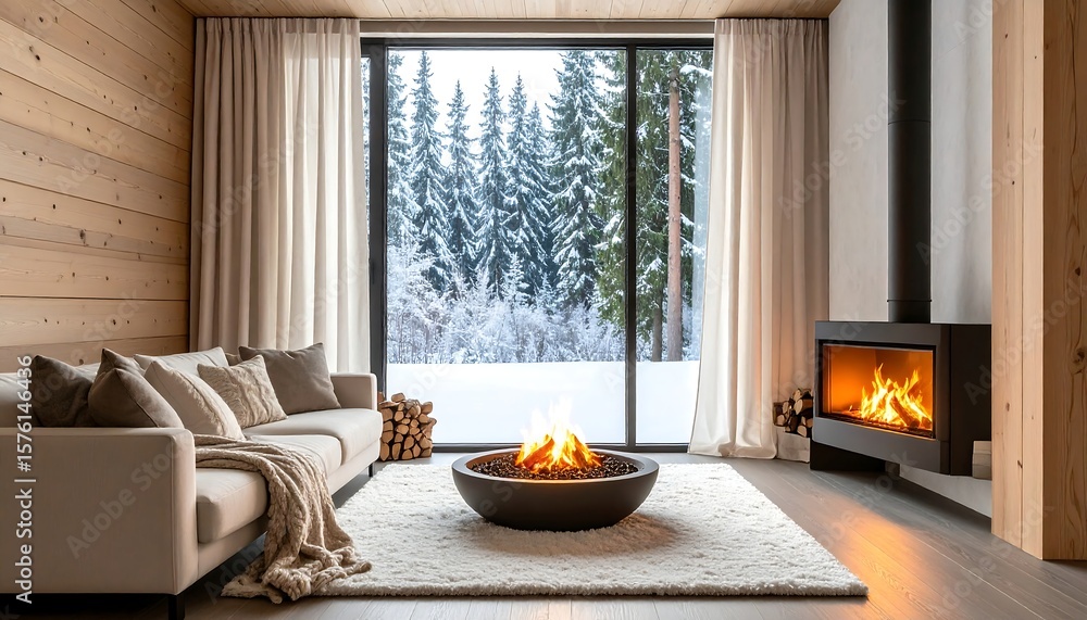 Fototapeta premium Cozy winter living room with fireplace (1)
