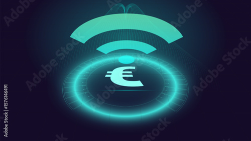 Euro symbol under glowing wireless signal with secure transfer aura and digital financial connectivity. Concept of contactless fintech tools, fast European banking, and mobile transaction design logic