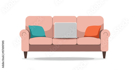 Laptop on sofa vector illustration