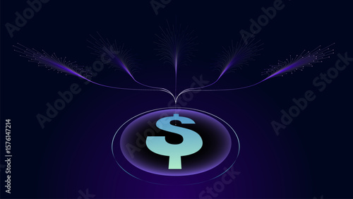 Dollar symbol glowing with energy lines on dark abstract background. Concept of global investment, currency flow, capital concentration, digital economy and financial growth with enthusiasm.