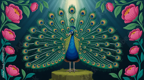 Peacock with fully spread feathers, highly detailed vector artwork, royal color scheme.