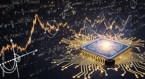 A glowing microchip emits light, surrounded by mathematical formulas and graphs, symbolizing the fusion of technology and scientific computation.