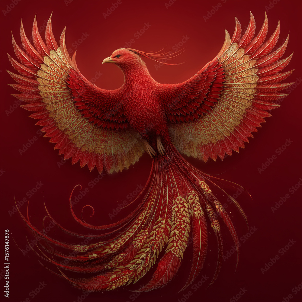 Obraz premium Majestic Red Phoenix Bird in Flight, Symbol of Rebirth