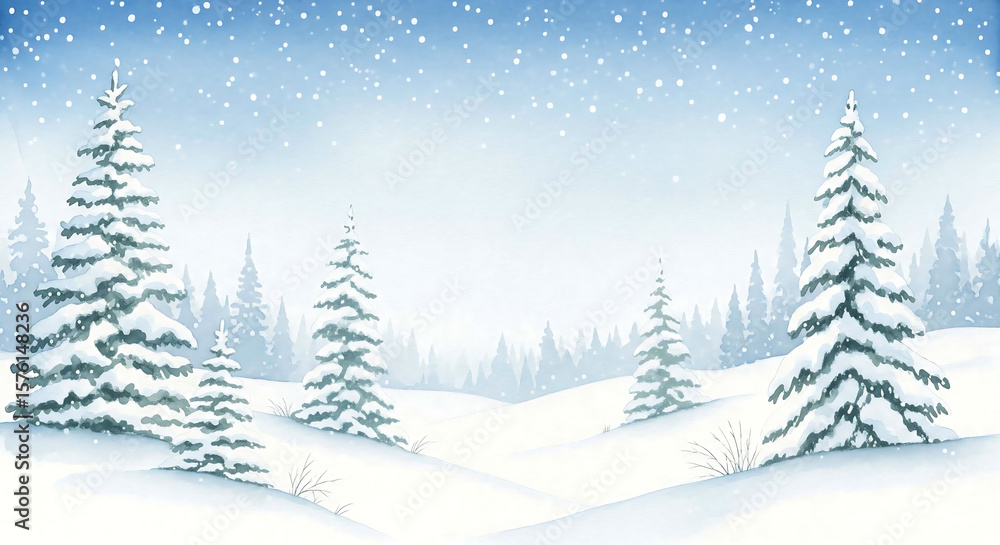Peaceful winter wonderland scene showcases snow covered pine trees and a serene, gently falling snow watercolor design. Peaceful winter wonderland scene showcases snow covered pine trees and a serene, gently falling snow watercolor design.
