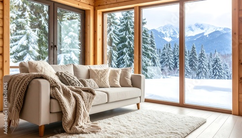 Cozy winter living room with mountain view