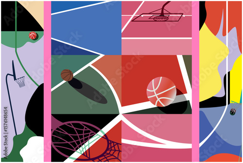 Basketball Courts. Close up of basketball court lines view. concept in flat style. High angle view of basketball court dividing lines on colorful abstract background.