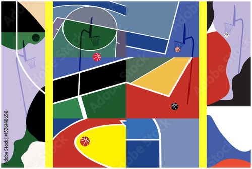 Basketball Courts. Close up of basketball court lines view. concept in flat style. High angle view of basketball court dividing lines on colorful abstract background.