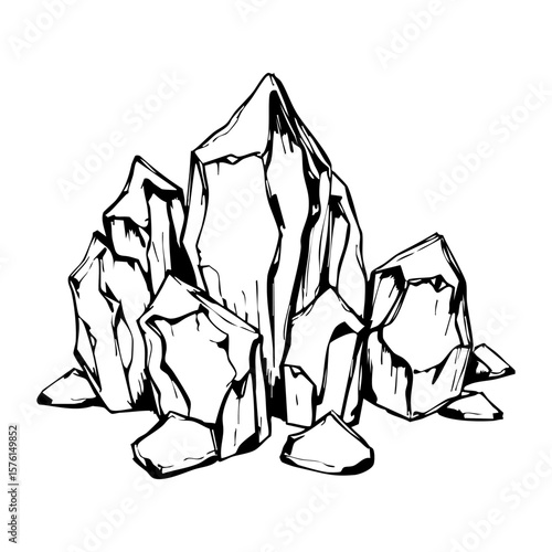 Hand drawn ink illustration of a cluster of sharp, rough geometric rock formations or natural crystal elements