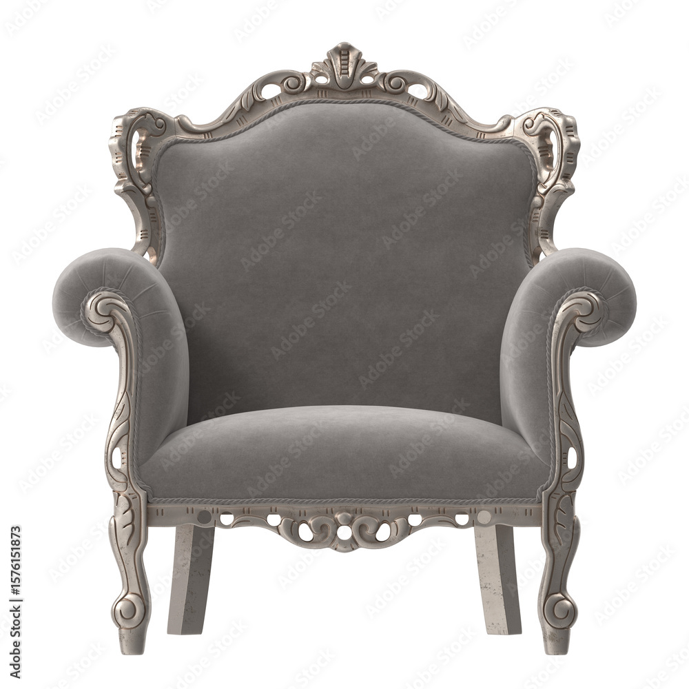 Fototapeta premium Ornate Rococo Armchair in Grey Velvet with Silver Frame - Front View
