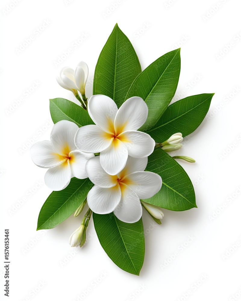 Obraz premium Plumeria flower bunch with green leaves, white tropical plumeria isolated on white, plumeria flower pattern for cosmetic branding visuals