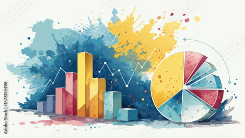 **Exploding colorful data charts in vibrant blues, yellows, and magentas, abstract business creativity with copy space**  