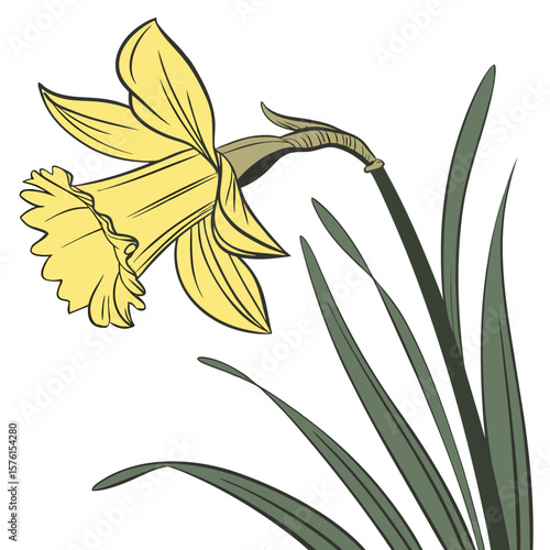 The bright yellow trumpet of a daffodil, angled upwards, celebrating the joyful arrival of spring with vibrant charm.