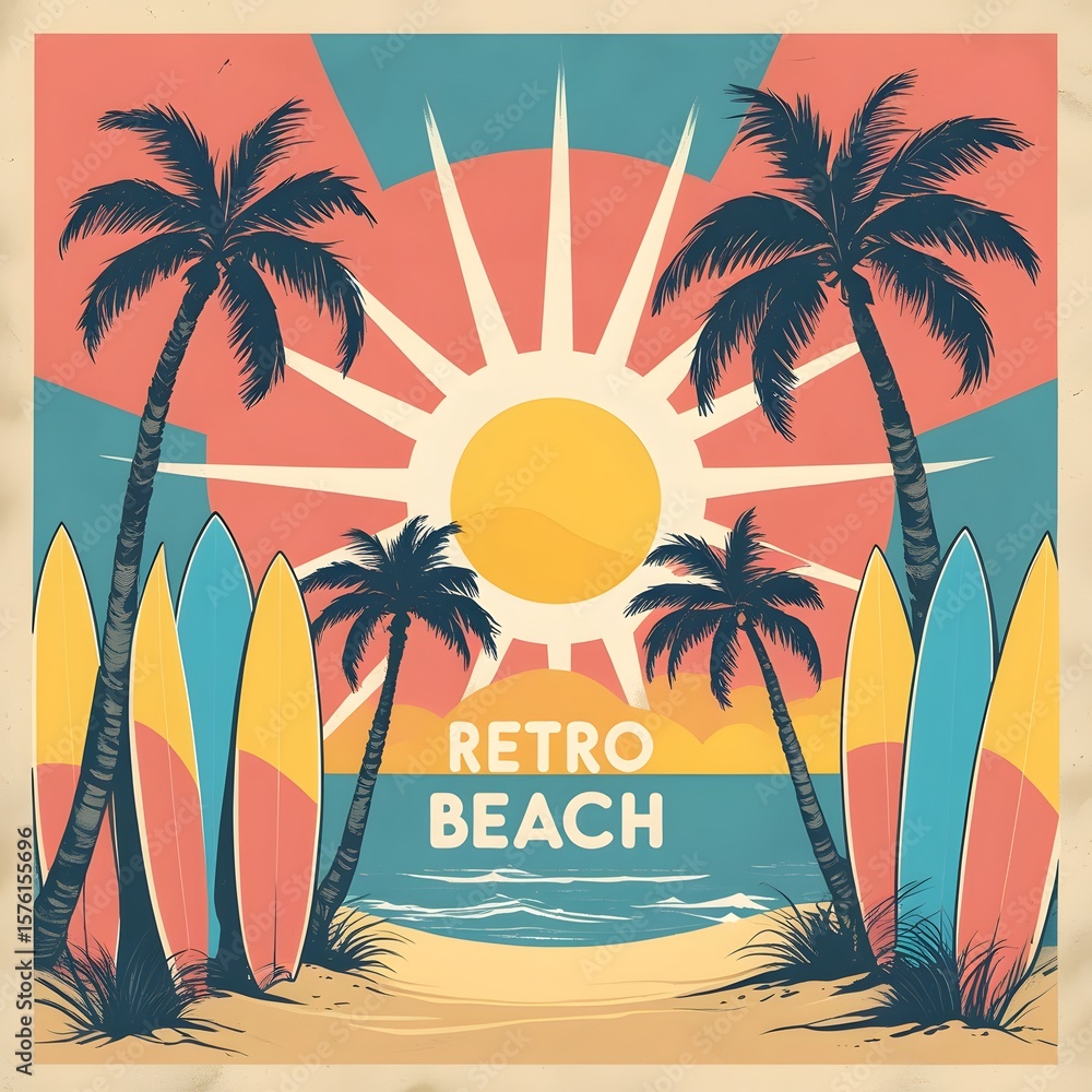 Obraz premium Retro Tropical Surfboard Sunset with Palm Trees – Vintage Beach Illustration. Ai- Generated