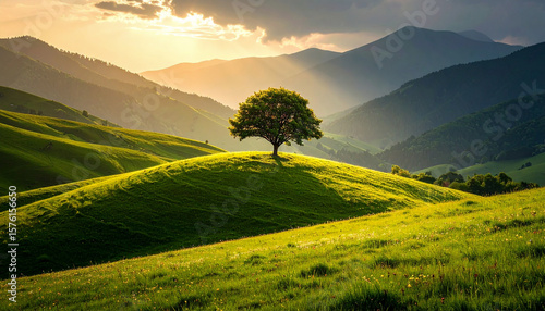 A lone tree stands gracefully atop a rolling hill