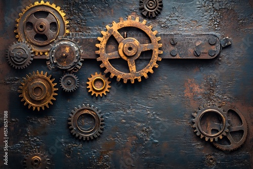 Rusty Gears Collection on Old Painted Metal Panel Steampunk Style Texture