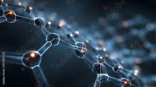Molecular structure visualisation in blue tones showing interconnected atoms for science concepts and nanotechnology
