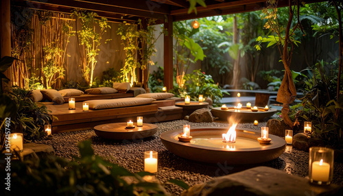 A peaceful wellness retreat nestled deep in the forest, surrounded by lush greenery and soft candlelight with a luxury spa