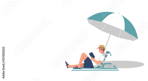 Woman reading under beach umbrella on lounge chair colorful illustration