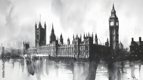 A monochrome cityscape of the Houses of Parliament in London.