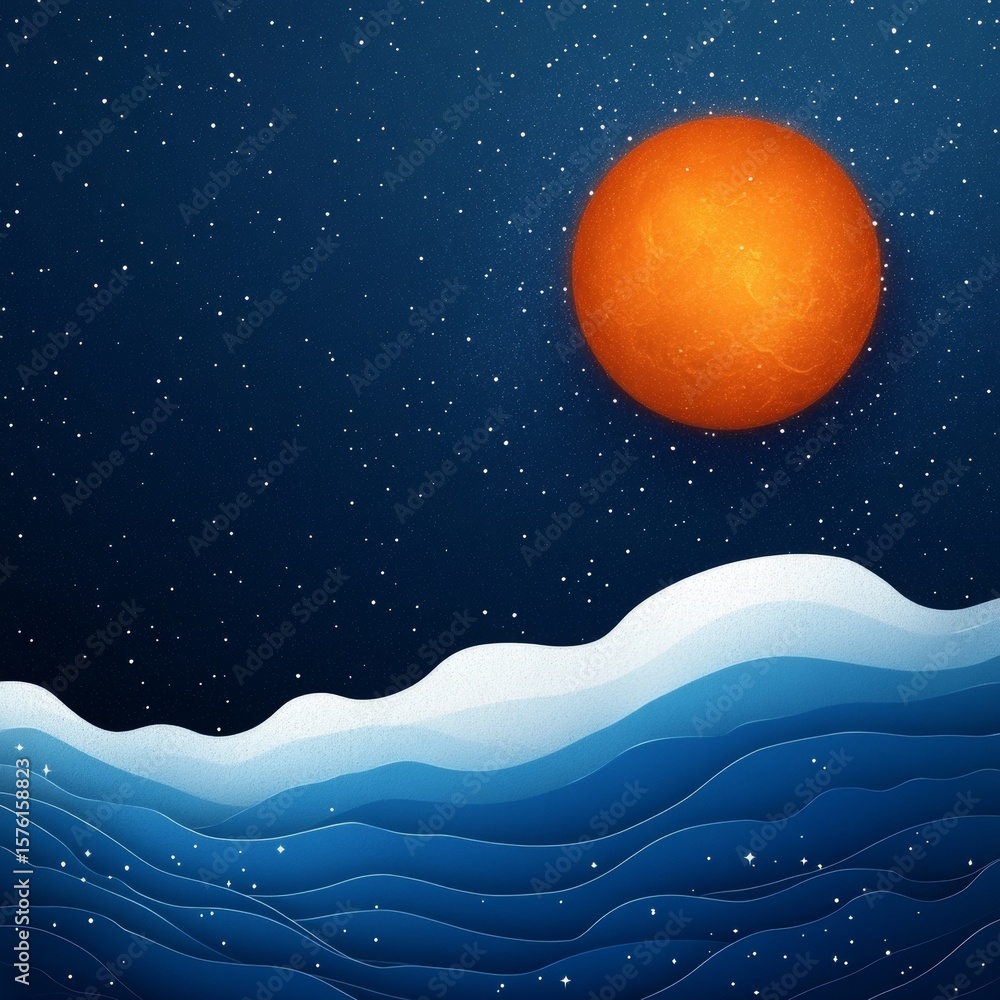 Fototapeta premium Stylized Illustration of Orange Celestial Body Over Blue Seascape