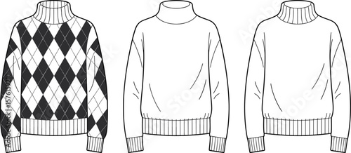 CAD drawing flat vector illustration of women’s turtleneck sweaters, front view fashion sketch, argyle and plain knitwear design