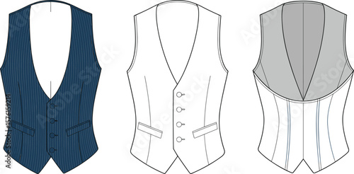 CAD drawing flat vector illustration of men’s formal waistcoat vest front and back views, fashion technical design template