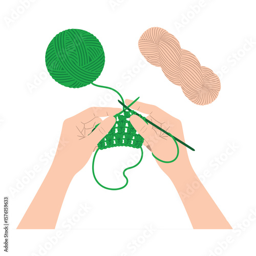 Hands Knitting Green Yarn - Craft Hobby