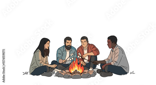  Group of friends sitting around campfire colorful illustration