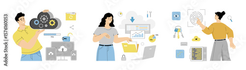 Cloud computing concept set in flat web design. Cloud computing service and technology file upload backup on cloud server storage. Flat vector illustration isolated on white background.