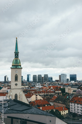 Photography panorama of bratislava after storm clouds  with big tower church