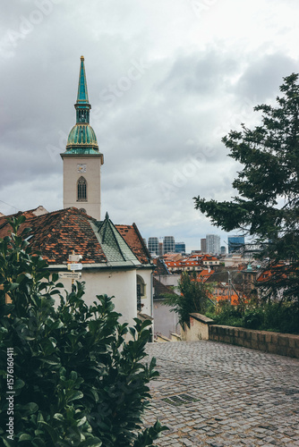 Photography panorama of bratislava after storm clouds  with big tower church