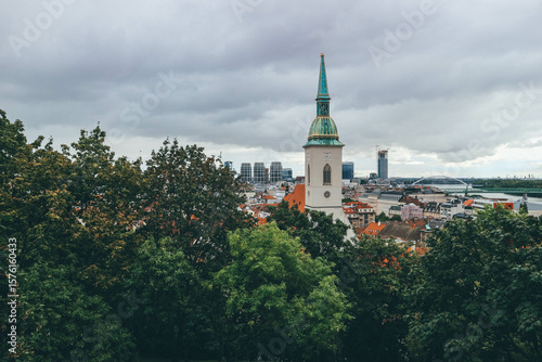 Photography panorama of bratislava after storm clouds  with big tower church