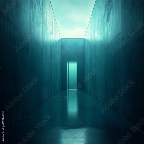 Teal Corridor with Glass Door and Skylight