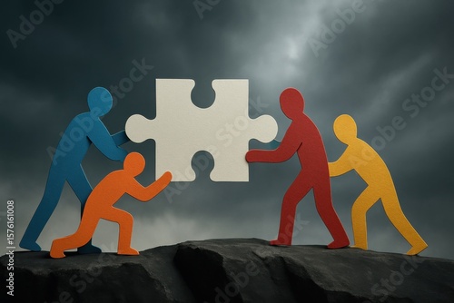 Teamwork paper cutout. Four colorful human figures work together to connect a large puzzle piece, symbolizing teamwork and collaboration against a dramatic cloudy sky.