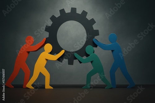 Teamwork paper cutout. Four colorful human figures collaboratively push a large gear, symbolizing teamwork and cooperation in achieving a common goal.