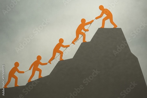 Teamwork paper cutout. Silhouettes of five figures climbing a steep mountain, with the top figure helping the others ascend, symbolizing teamwork and support.