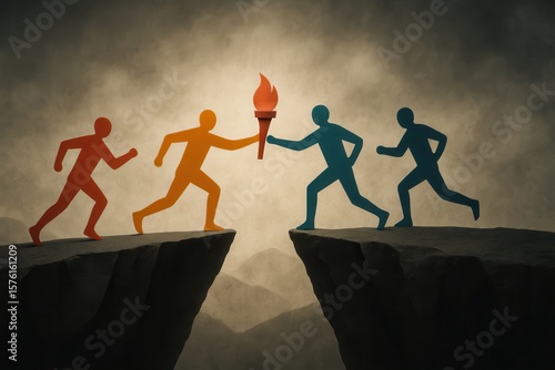 Teamwork paper cutout. Silhouetted figures pass a flaming torch across a gap between cliffs, symbolizing teamwork, collaboration, and trust.