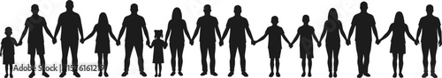Silhouette of diverse people holding hands, unity and togetherness concept, community support, social bond, family love, teamwork, human connection