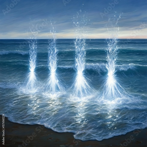 Three Luminous Water Spouts at Ocean Shoreline