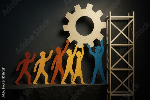 Teamwork paper cutout. Five colorful paper figures collaboratively lift a large cogwheel next to a wooden scaffold, symbolizing teamwork and cooperation in achieving a common goal.