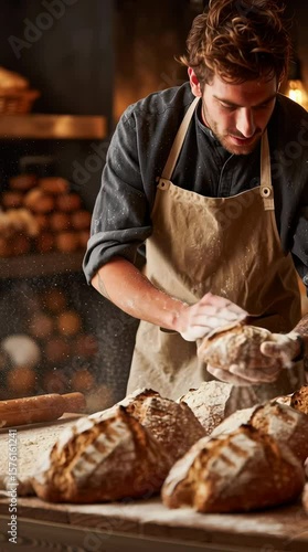 close-up, young male baker sprinkling flour on artisan bread, rustic bakery kitchen, warm ambient lighting, hands in motion, authentic and joyful