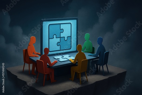 Teamwork paper cutout. Five colorful silhouettes collaborate around a table, assembling a puzzle displayed on a large screen, symbolizing teamwork and problem-solving.